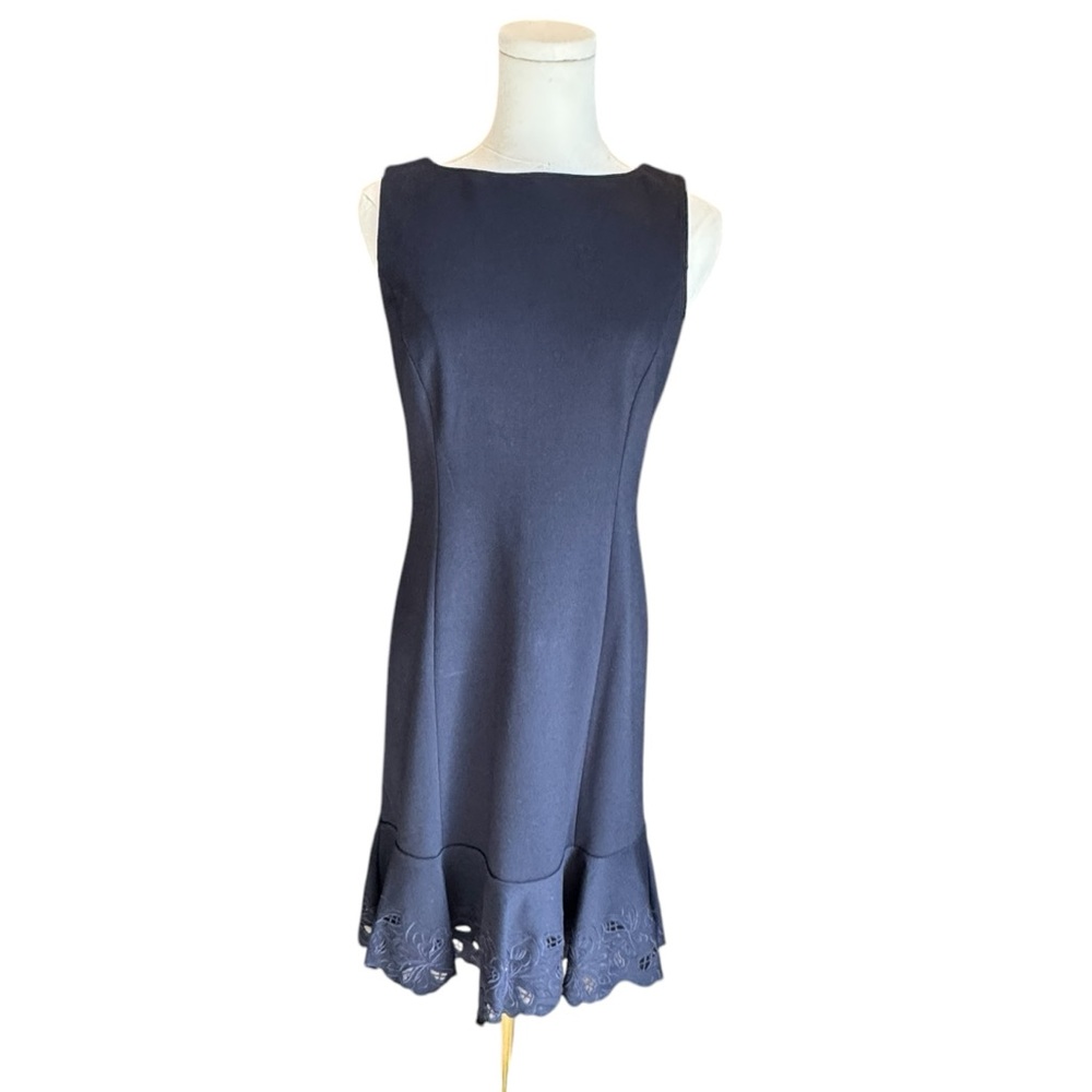 👗 RSVP by Talbots Embroidered Flounce Sheath Dress Blue Ponte Knit 2P